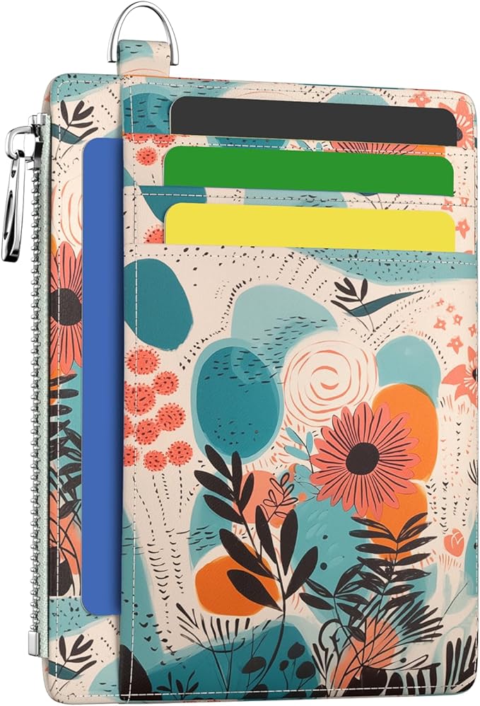 Hancynir Boho Flower Floral Slim Wallet Women Credit Card Holder RFID Small | Zipper Pocket Wallet, Thin Travel Coin Purse, Ladies Women Gifts, Minimalist Card Case, 6 Card Slots, ID Window, PU Leather
