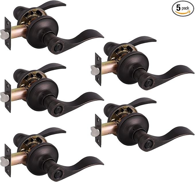 Gobrico Wave Style Door Levers Privacy Handles for Bed and Bath, Interior Door Locke with Drop Lever, Oil Rubbed Bronze Finish, Reversilble Handle for Right Left-Handed Doors, 5Pack