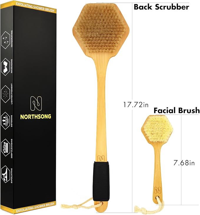 NORTHSONG Body Brush+Face Brush,Deep Cleaning Exfoliating Set,Gift Ready | Body brush,Large Head Bath Brush,17.72"Extra-Long,Curved Bamboo Handle,100% Boar Bristles,ideal for Elderly,Shoulder Pain