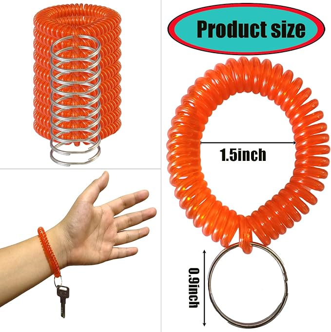 10 Pieces Wrist Coil Keychain Spiral Key Ring, Clear Red | Wristband Bracelet Key Holder for Pool Gym ID Badge