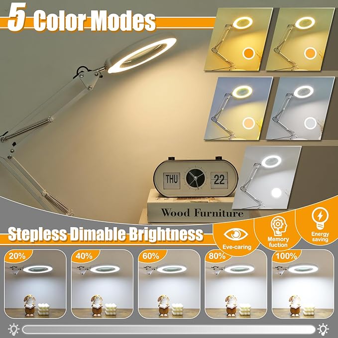 10XMagnifying Glass with Light and Stand (No Acrylic Lens), 2-in-1 Lighted Magnifier with Clamp, 5 Color Modes Dimmable LED Desk Lamp Hands Free for Painting Craft Sewing Hobby Close Work White