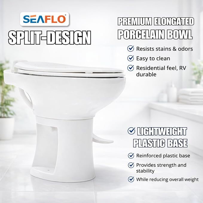 SEAFLO Porcelain RV Toilet with Elongated Bowl, 19” Residential Height, Gravity Flush, Foot Pedal Flush, Soft Close Seat, Easy Install, Camper Toilet, 4-Year Warranty, SFRTCH-02-01