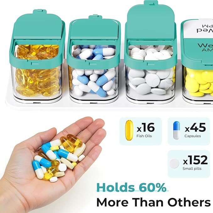 Odaro Extra Large Weekly Pill Organizer 2 Times A Day, Pill Box 7 Day Am Pm to Hold Daily Medicine Vitamin and Supplements - Cyan