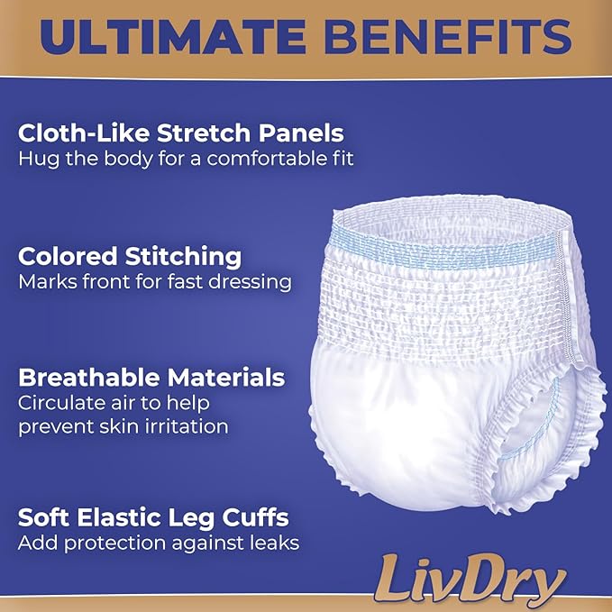 LivDry Ultimate 3XL Adult Incontinence Underwear, Max Absorbant Diapers for Women and Men, XXXL 72” -92" Waist, Leak Proof Cuff, XXX-Large, 9 Count