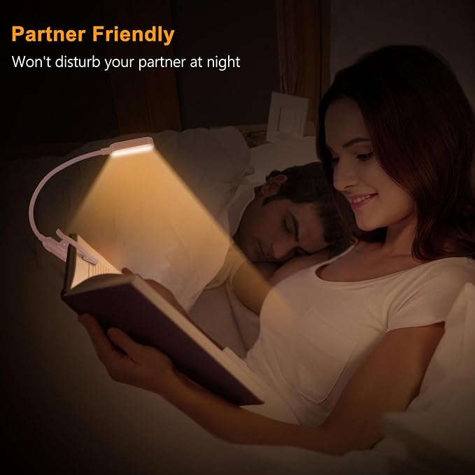 Gritin 16 LED Rechargeable Book Light for Reading in Bed | Eye Caring 3 Color Temperatures, Stepless Dimming Brightness, 80 Hrs Runtime, Lightweight Flexible Clip on Light-Pink