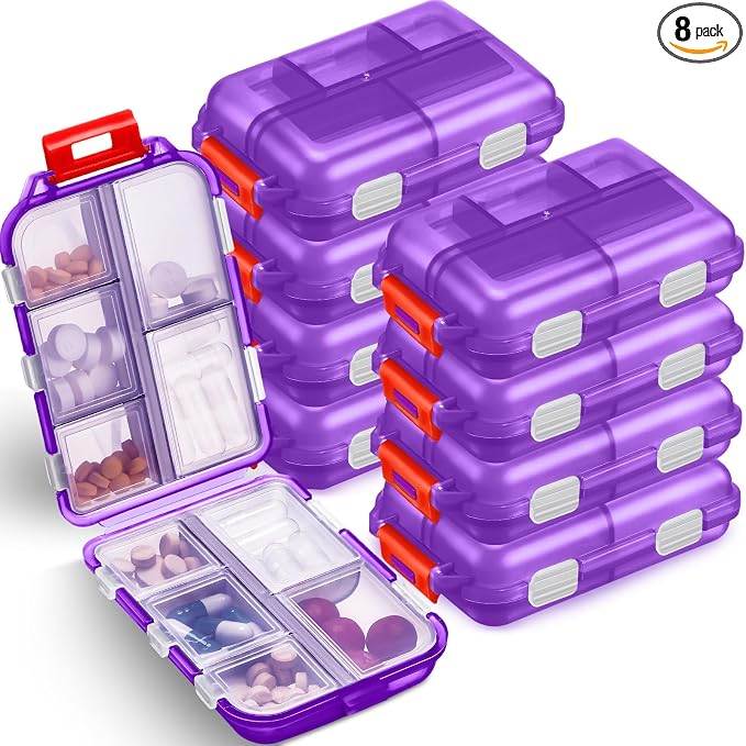 Meekoo 8 Pcs Travel Pill Organizer Pocket Portable Pill Case Daily Container Small Container Medicine Travel with 10 Compartments for Purse Fish Oil Medicine(Purple)