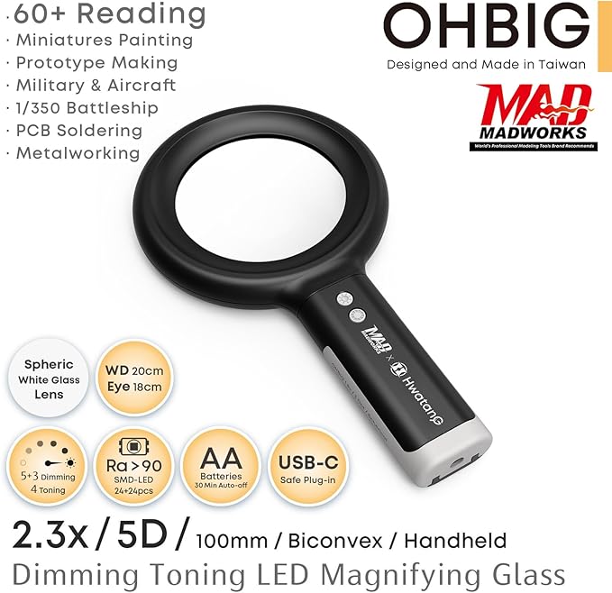 HWATANG OHBIG x MADWORKS 2.3x/5D/100mm Dimming Toning LED Magnifying Glass - K9 White Glass, Model Assembly, Soldering, Ra 94 Ring Light, 60+ Seniors Reading Magnifier (Handheld)