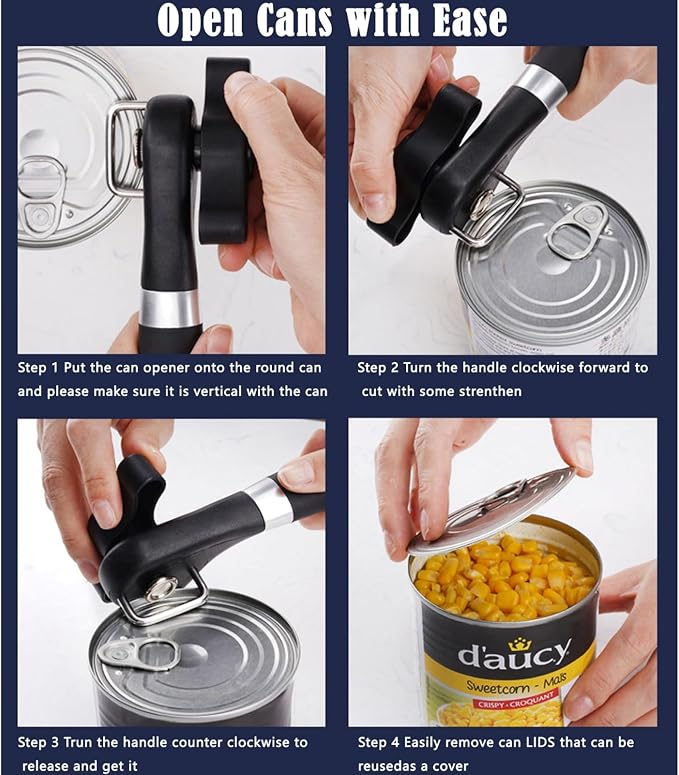 Side Cut Can Opener, Smooth Edge Manual Can Opener, Black | Safety Side Cut Blade Creates Smooth Edges, Large Soft-Touch Knob and Non-Slip Handle Provide Comfortable Everyday Use