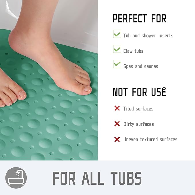 Yimobra Non Slip Bathtub Mat 40 x 16 Inch, Extra Long Shower Mat with Drain Holes, Machine Washable Baby Bath Mats, Strong Suction Cups for Bathroom Floor, MARRS Green