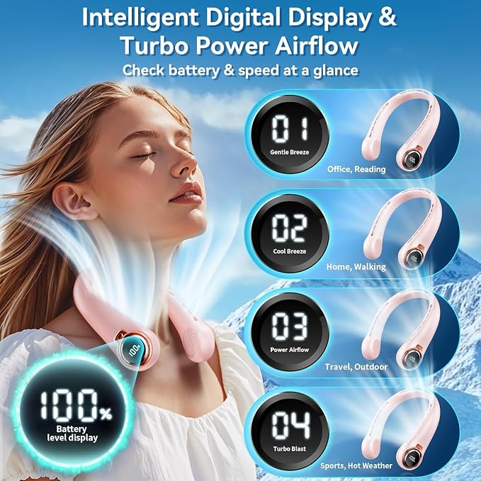 BNBZ Portable Neck Fan, 6000mAh Rechargeable Fan Blows Cold Air with LED Display, 4 Speeds, 20H Runtime, Quiet Wearable 360° Personal Cooling Fan for Outdoor Travel Work Gym,Fireplace Fans-Pink