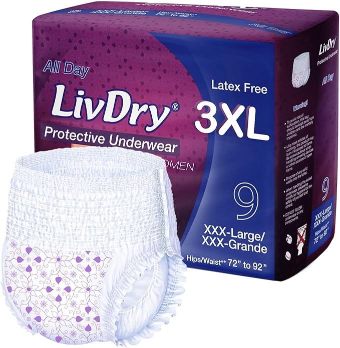 Livdry Adult Diapers for Women, Premium Incontinence Underwear, Comfortable and Absorbent for All Day or Overnight Protection (Bag, XXX-Large)