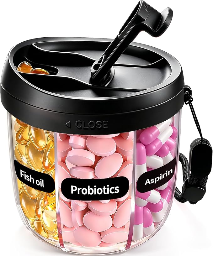 Pill Organizer,Travel Essentials Pill Container, Travel Pill Dispenser with Black Lid，Pill Case Having 7 Large Compartments,Vitamin Organizer for Home Organization,Travel Containers