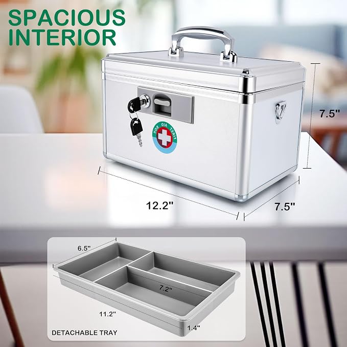 Medicine Lock Box with Key, 12.2" Aluminum First Aid Storage Case, Silver | Secure key lock box for medication. Features 1.25kg lightweight aluminum frame and 11.2" divided tray for home safety.