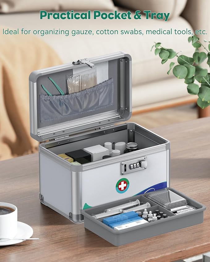 Uniclife Medicine Lock Box,10x6x6.5 in, Medication Lock Box With Code | Security combination lock, robust aluminum construction, portable carry handle, removable ABS tray, ideal for home & office