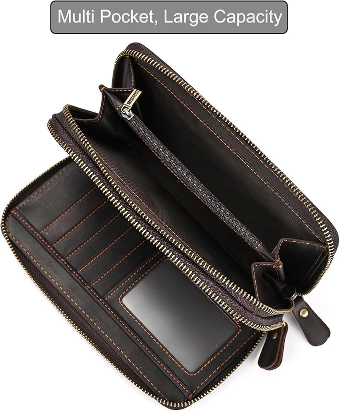 Genuine Leather Long Wallet for Men, Large Capacity Purse Clutch Bag Handbag Checkbook Cash Credit Cards Phone Holder | Large Capacity