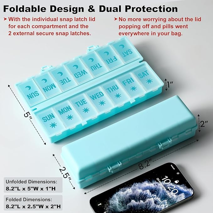 Foldable Pill Organizer 2 Times a Day w/Etched Labels -Dual Protection & Portable Weekly AM PM Pill Box, 7 Day Medicine Container, Large Travel Pill Case for Week Daily Supplement Vitamin - Sky Blue