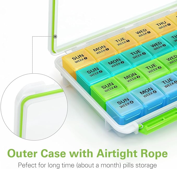 BUG HULL Monthly Pill Organizer, Moisture-Proof Large 28 Days Pill Box with Removable 4 Weeks Pill Case Rows, Medicine Pills Organizers, Travel Pill Organizer with One Month Pill Container-Grey