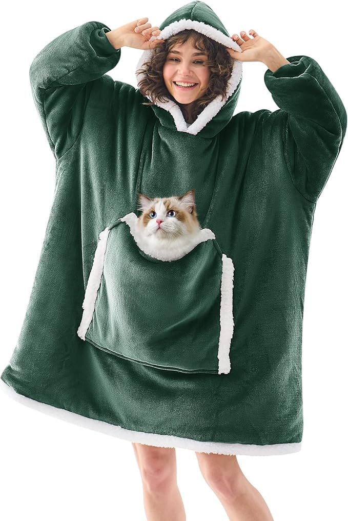 JOYWOO Green Wearable Blanket Hoodie,Oversized Cat Lovers Sweatshirt Blanket for Adult & Teens,Birthday Gifts for Women Men Mom Girl Boys,Cozy Sherpa Blanket Giant Pocket Gifts,Dark Green Small