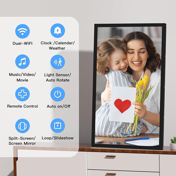 21.5 inch Large Digital Picture Frame Digital Photo Frame WiFi - 64GB, IPS FHD, Auto Rotate, Load Photos Videos from Phone via App Email, Free Cloud, Wall Mounted, Gift for Family, No Touchscreen