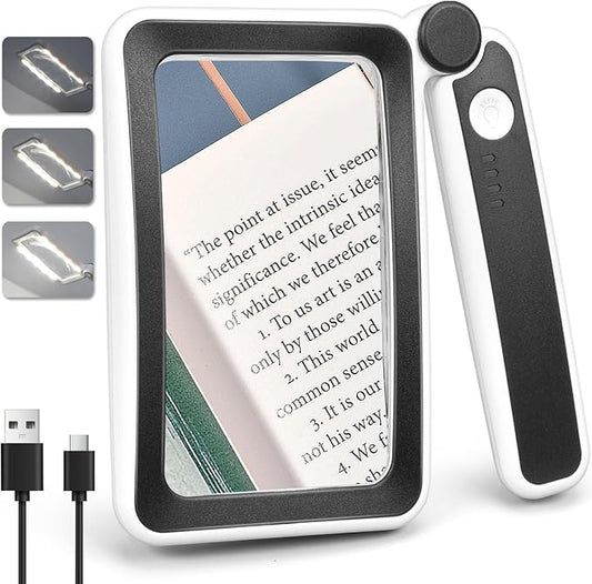 Rechargeable Magnifying Glass with Light for Reading, 5X Large Page Magnifier with LED Lighted for Seniors Low Vision, Folding Handheld Rectangle Magnifier for Reading Small Print Black-White