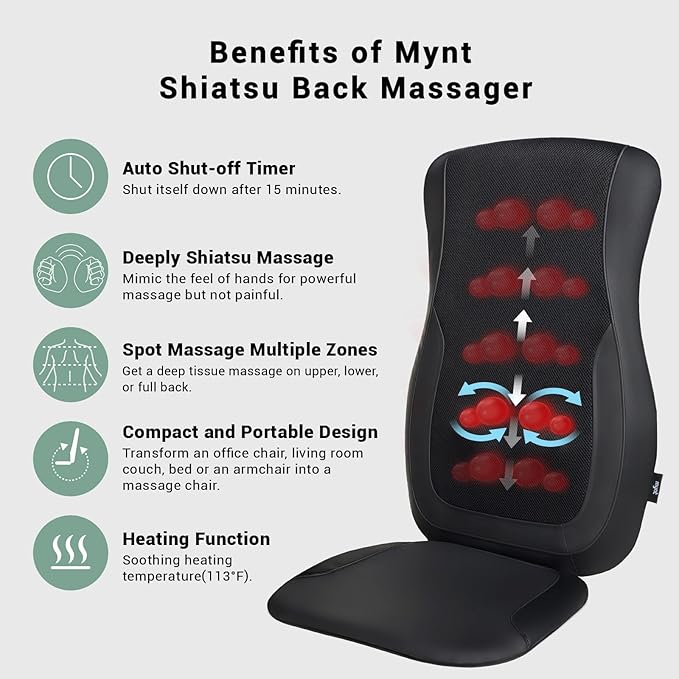 Mynt Black Acupressure Massage Chair Pad with 4 Deep Kneading Nodes, Shiatsu Back Massager for Chair with Heat, Heated Back Massage with a Cushion for Deep Tissue, Gift for Christmas