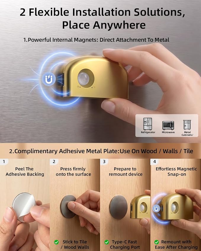 Keyhole Light,Battery Powered Motion Sensor Lights,2 Gold Door Lock Light Magnetic & Dimmable, 6 LED Bulbs PIR Wireless Motion Detector 6500K Soft White,Portable Nightlight for Hallway,Bathroom