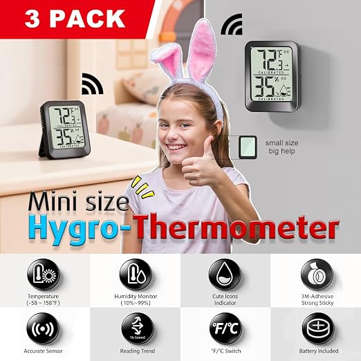 AyayaBoss 3 Pack Room Thermometer Indoor Hygrometer | Mini Size, Monitor Temperature & Humidity, Accurate Fast Read, Easy To View, Kickstand/Hanging/Wall Adhesive, ℉/℃, w/ Battery