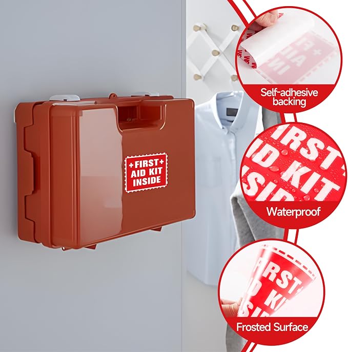 4PCS First Aid Sign Sticker, Self-Adhesive Waterproof First Aid Decals for First Aid Boxes, Emergency First Aid Kit Inside for Home, Car, Office, School, Factoryor Business 5.1''x3.9''