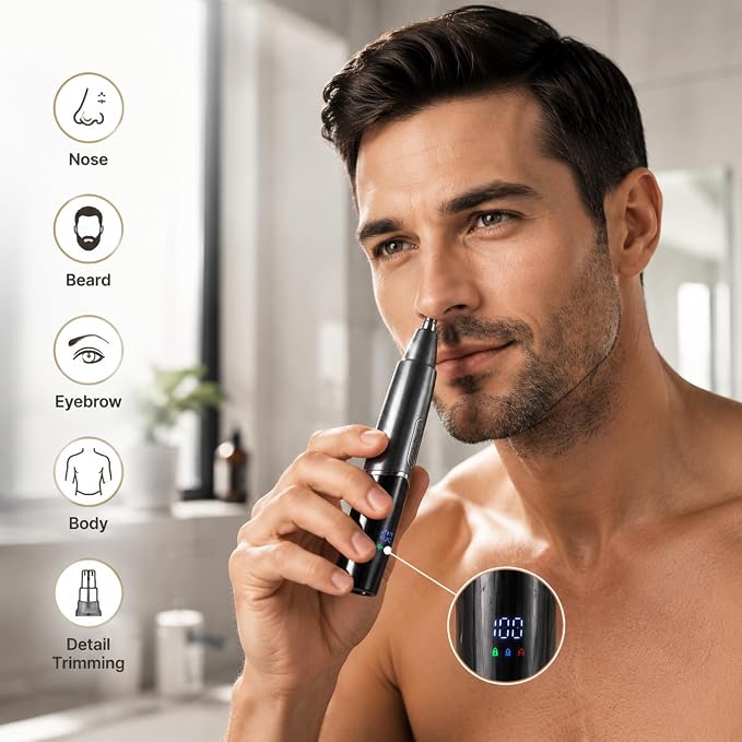 5-in-1 Rechargeable Nose & Ear Hair Trimmer - IPX7 Waterproof Dual Edge Grooming Kit for Men & Women, Perfect for Hair Removal of Nose, Eyebrows, Beard, Bikini, and Facial Hair (Space Gray)