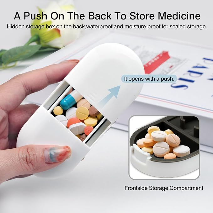 Pill Cutter & Splitter & Organizer – Accurately Cuts, Stores Pills with Detachable V-Shaped Silicone Slot, Portable & Easy to Clean