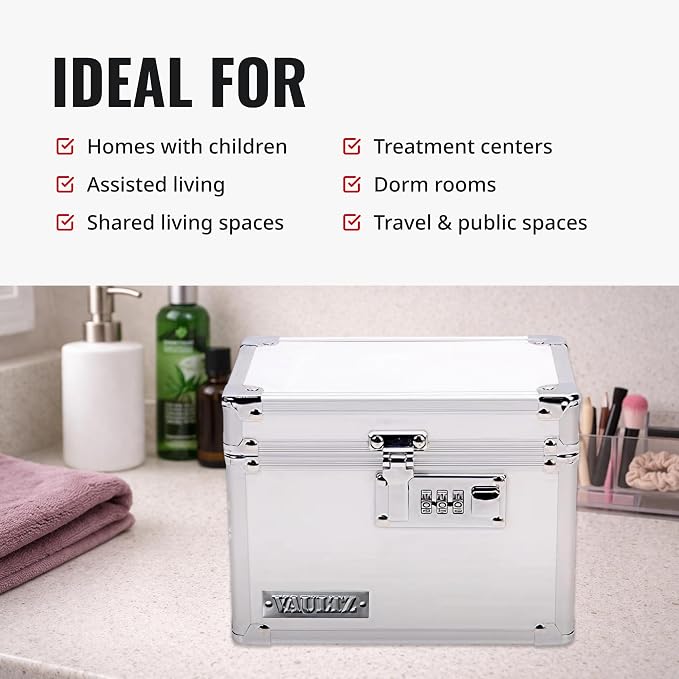 Vaultz Locking Medicine Box with Combination Lock - Secure Metal Lock Box Safe for Medication, Pills & Valuables, Small Lockbox with Code, Portable Storage Case, White