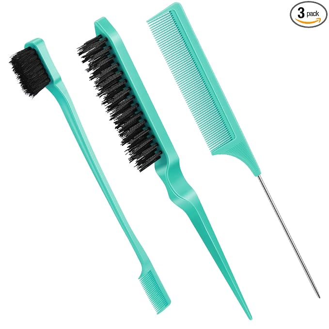 Geiserailie 3 Pcs Slick Back Hair Brush Set Bristle Brush Edge Control Teasing Comb for Women Black Hair(Cyan)