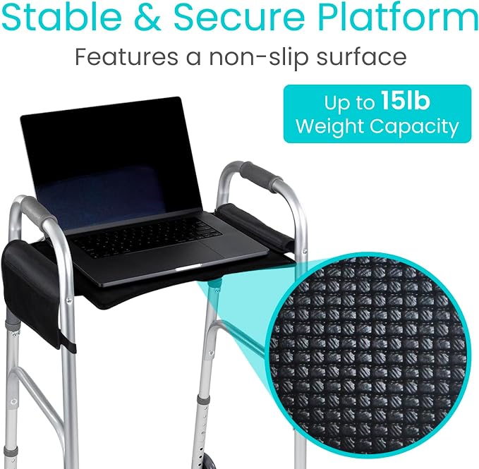 Vive Walker Tray for Folding Walker w/Cup Holder & Pockets - Removable | Adult Mobility Accessories - Fits Standard Walkers - Medical Table for Seniors Non Slip Mat for Food - Easy Assembly
