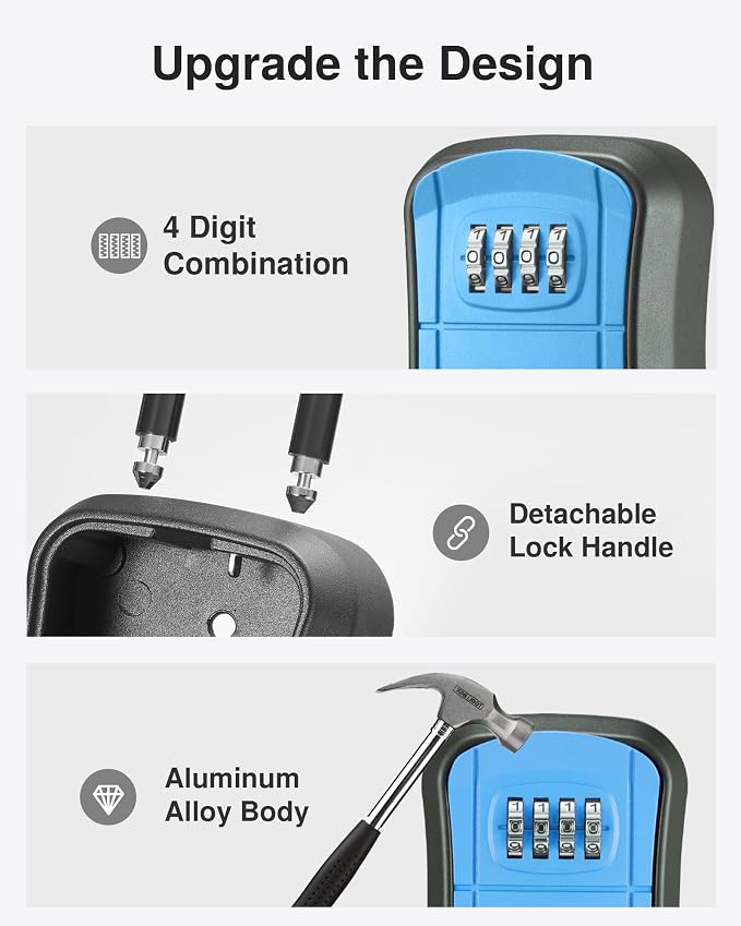 Puroma Key Lock Box Outdoor 4 Digit Code Combination Lockbox House, 1 Blue | For Contractors Guest Realtor Storage Keys, Portable, Home Wall Mount, Resettable, Combination, Weatherproof, High-capacity