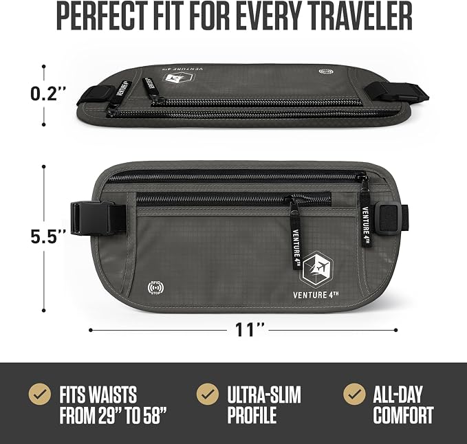 VENTURE 4TH Travel Money Belt, RFID Blocking Passport Holder - Gray