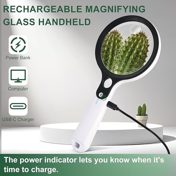 Magnifying Glass with 48 LED Light, 10X 20X 45X Handheld Illuminated Lighted Magnifier with 5 Light Modes Rechargeable Magnifying Glass for Seniors Reading Inspection (Black & White)