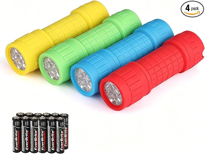 EverBrite 4-Pack Mini LED Flashlight Set, Small Flashlights for Kids in 4 Assorted Colors with 12 AAA Batteries, Fun and Portable for Camping, Emergency, Home, and Holiday Gifts