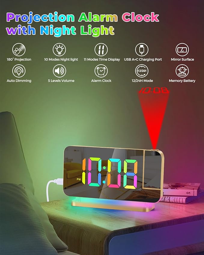 SZELAM Projection Alarm Clock,7.4" LED Mirror Digital Clocks Large Display,with 180° Rotatable Projector,RGB Night Light,USB C Port,Auto Dimmer, Loud Desk Clock for Heavy Sleeper Bedroom - Gold