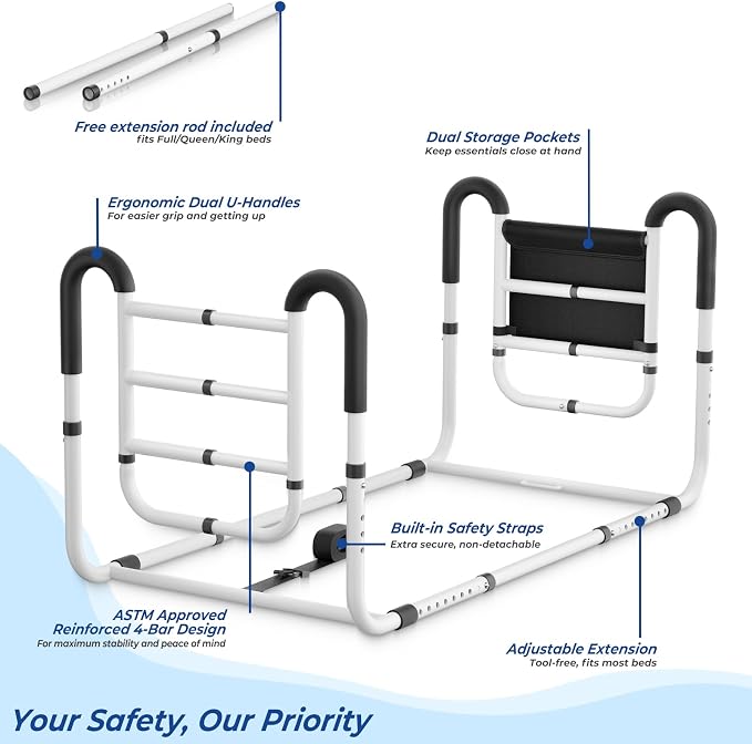 KingPavonini Dual Side Bed Rails for Seniors, 350 LBS Capacity, Model BM10 | ASTM-Approved Bed Rails for Elderly Adults Safety, Dual U-Handles & 4-Bar Anti-Tip, Storage Bag, Tool-Free, Fits Twin to King