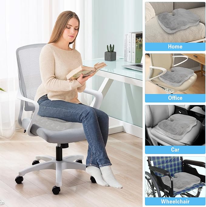 Wheelchair Seat Cushion with Memory Foam - Relieves Sciatica, Back & Tailbone Pain, Pressure Relief Design for Comfort & Posture Support, Non-Slip Bottom, 18"x14"x2.8" (Grey)