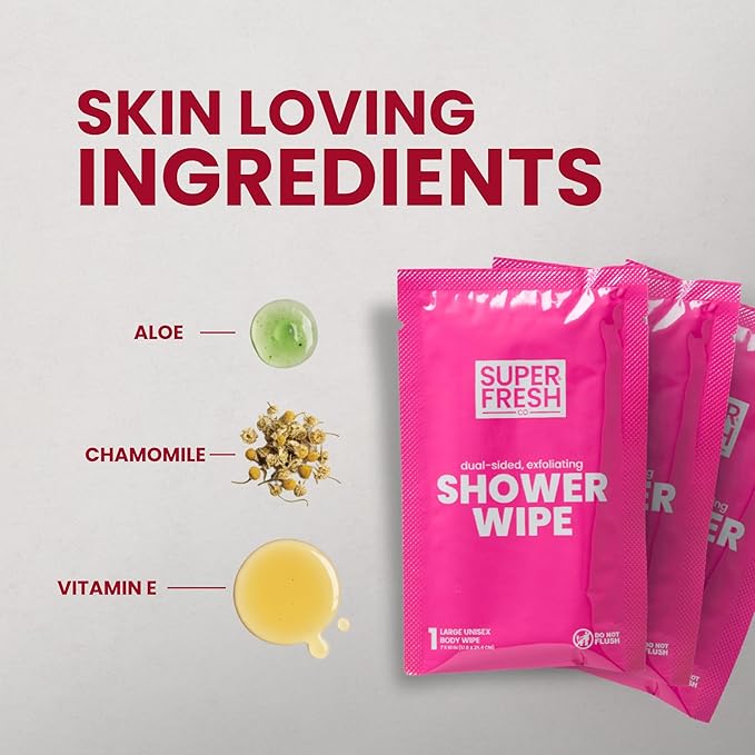Super Fresh Shower Wipes Large RoseWater Body Wipes for No Rinse Bathing Personal Hygiene Gym Travel or Camping Enriched with Aloe and Vitamin E 20 Individually Wrapped Disposable Sheets
