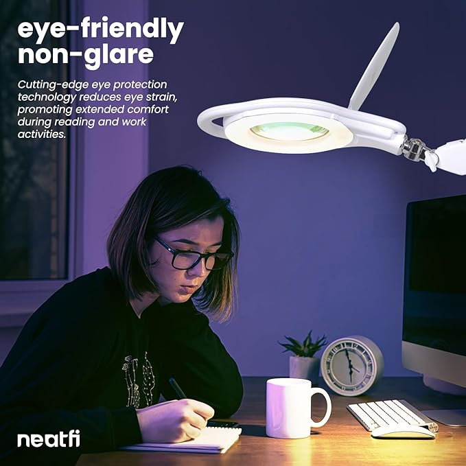 Neatfi Magnifying Lamp with Clamp, 5 Inch Lens, 3 Light Modes, 3000K-6500K, Dimmable, for Sewing, Painting, Jewelry Making, and Reading (White, 8 Diopter)
