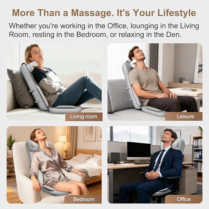 Rainwolf Shiatsu Neck and Back Massage Cushion with Heat - 4D Deep Tissue Kneading Full-Back Massager for Relief Stress, Adjustable Intensity & Height, for Office Chair & Home
