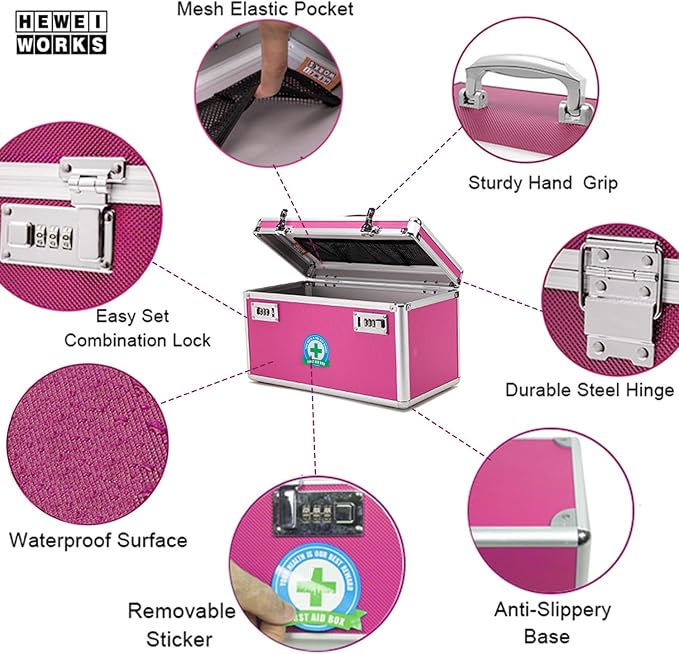 Lockable Medication Box with Portable Storage Case, 14.2''x 7.2''x 8.2'', Childproof Medicine Lock Organizer, Locking Box for Secure Cash, Jewelry, ID Documents (Pink/Large)