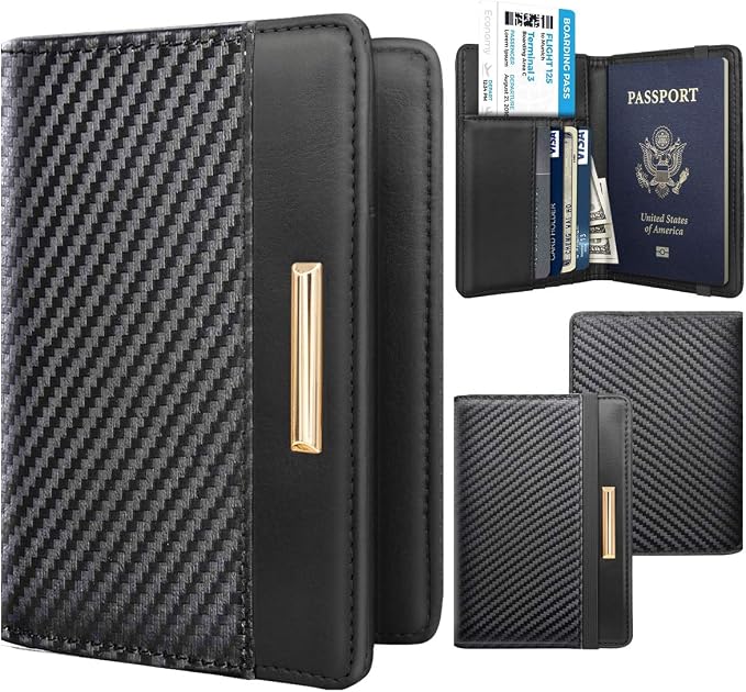 Coco Rossi Passport Holder for Travel Men Slim RFID Passport Cover Wallet | Travel Essentials, Passport Book Holders, Passport Wallet Cover Case, PU Leather, Black, Thin, Spliced Design, Carbon Fibre