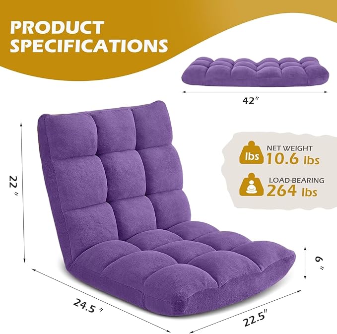 Folding Floor Gaming Chair, Adjustable 14-Position Backrest, 6-Inch Thick Flannel and Skin-Friendly Cotton Sponge, Breathable, Ideal for Gaming, Meditating, Sleeping, Purple
