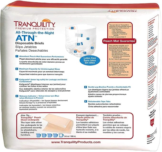 Tranquility Premium ATN Disposable Briefs with Tabs, Overnight Protection Superabsorbent Core for Leak-Free and Full-Fit Comfort, Medium 48ct Case