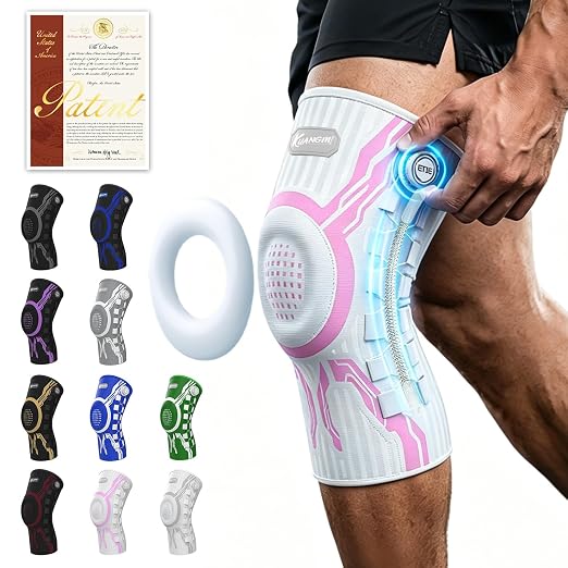 Kuangmi Knob Knee Brace for Pain Relief, Knee Support with Patella Gel Pad & Side Stabilizers, Compression Knee Sleeve for Workout, Arthritis, Joint Pain, Meniscus Tear (Pink White,Left,Medium,Single)