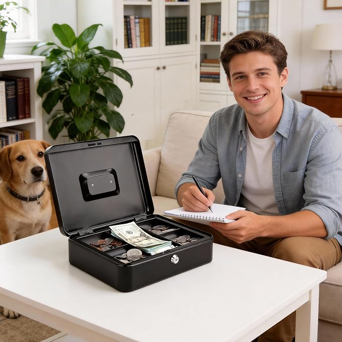 Jssmst Large Cash Box with Key Lock - Durable Metal Cash Box with Money Tray, 11.81 x 9.84 x 3.46 inches (X-Large, Black)