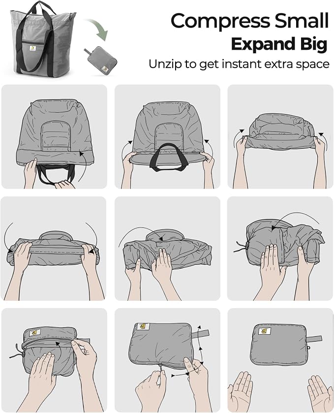 Foldable Travel Bag, 26L Lightweight Weekender Duffel, Expandable Second Carry-On Bag for Travel & Shopping, Water-Resistant Personal Item Bag, Gray